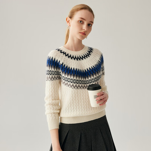 Zhaojun 2025 Autumn and Winter New Fair Isle Jacquard Cashmere Sweater Women's Round Neck Long Sleeve Knit Sweater Thickened Bottoming Sweater Cloud White XL