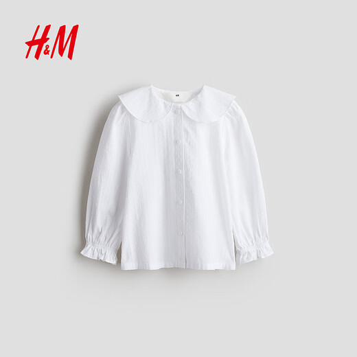 H&M children's clothing children's girls' shirt spring long-sleeved dress performance clothing textured cotton top 1306127 white 120 120/60 (4-6Y)