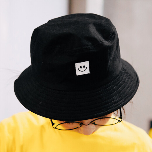 Beino Fisherman Hat Women's Autumn Sun Hat Hat Unisex Korean Version Trendy Student Baby Outdoor Windproof Hat Girls Hip-Hop Personality Basin Hat Smiley Face Black