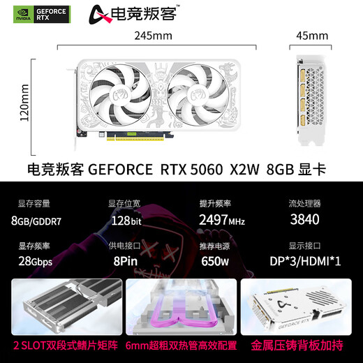 E-sports rebel GeForce RTX 5060 X2W 8GB graphics card DLSS 4 desktop computer independent graphics card E-sports game design professional graphics card RTX 5060 X2W 8GB
