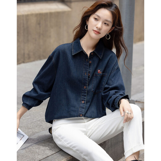 Demana warm brushed cloud-like cotton winter lapel denim shirt fawn embroidered pocket loose shirt women's top