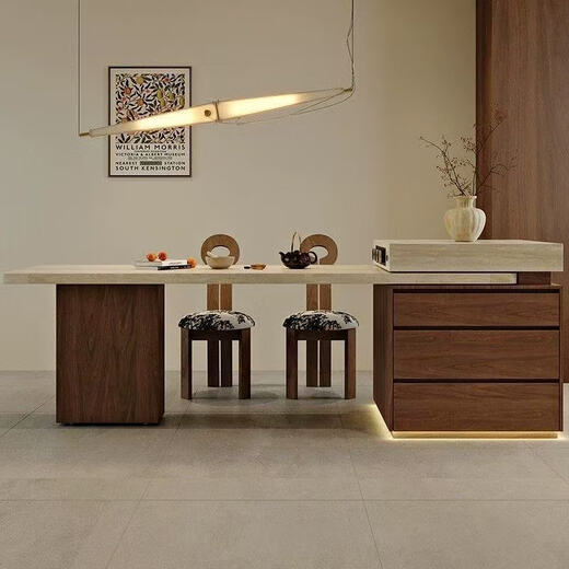 Multifunctional solid wood retractable integrated island dining table and chair combination in antique style walnut color imported travertine stone slab Island dining table + flat version (track socket) 1.6 meters Island dining table + 4 chairs
