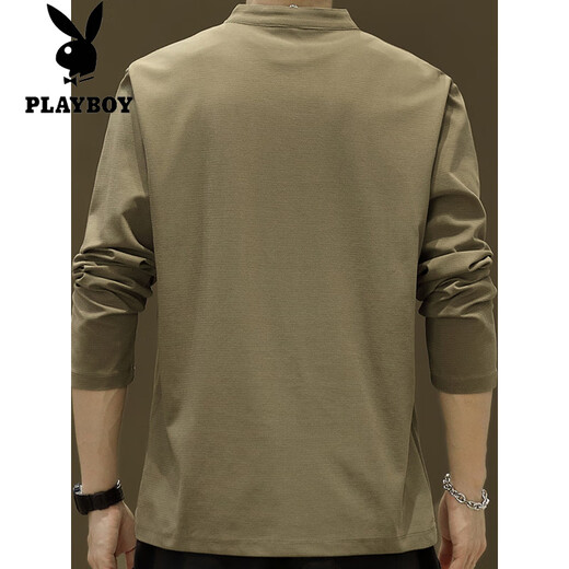 Playboy (PLAYBOY) Henry collar long-sleeved T-shirt for men in spring and autumn solid color retro simple bottoming shirt loose trendy brand versatile stand-up collar sweatshirt Khaki 56119 long sleeve 4XL (about 170-190Jin Jin is equal to 0.5 kg can be worn)