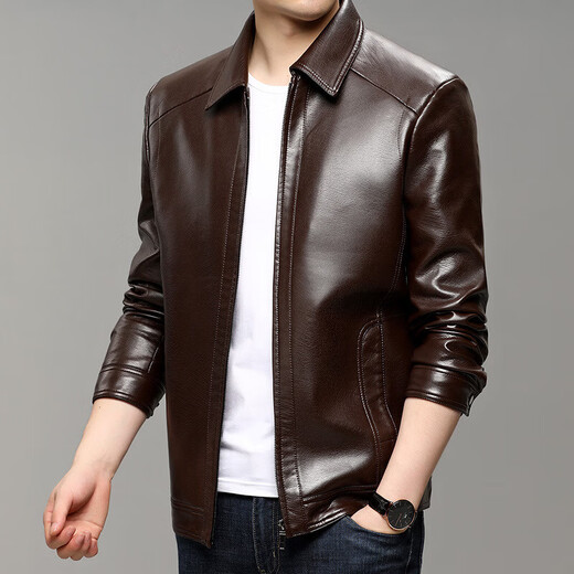 Leather men's casual lapel jacket autumn and winter warm business versatile pu leather motorcycle windproof jacket for young and middle-aged people black M 170/88A
