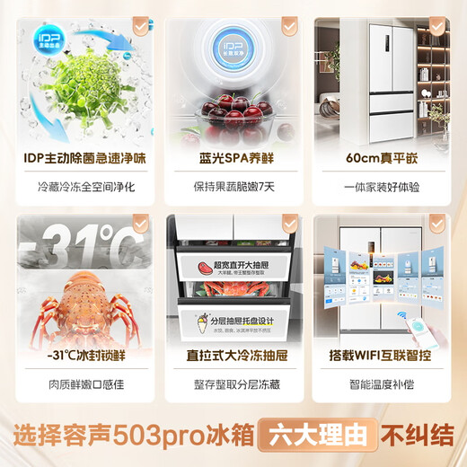Rongsheng IDP net flavor 503L French multi-door refrigerator pro model active sterilization embedded first-level energy efficiency air-cooled frost-free large capacity BCD-503WD15MPQLA white national subsidy