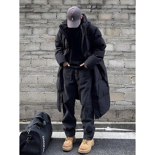 Maycaur black American hooded mid-length velvet cotton coat for men in winter thickened over the knee Northeast cold-resistant handsome coat black L _100-115Jin Jin equals 0.5 kg