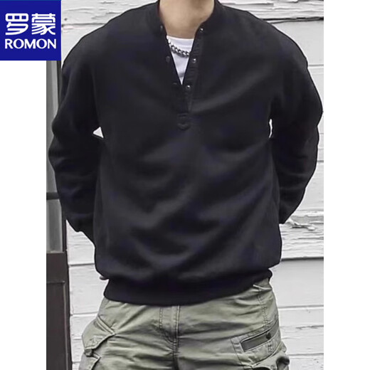 ROMON Japanese retro autumn and winter men's Henry collar long-sleeved bottoming shirt casual loose pullover sweatshirt thickened large size men's trendy gray plus velvet style high quality M