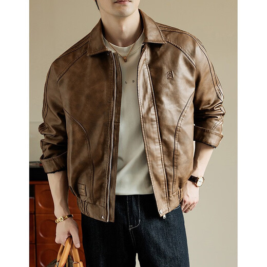 Kaduton 8XL leather jacket men's 2025 new autumn lapel casual retro motorcycle trend handsome PU leather jacket brown L