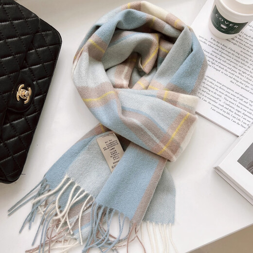 Muzhouyu selects Australian wool pure wool plaid scarf, British classic unisex couple model, winter warm scarf, blue mocha pattern, 100% Australian wool new plaid pattern