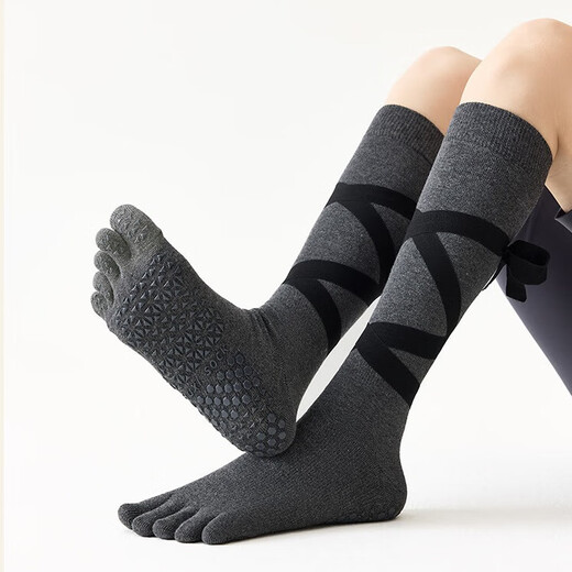 BIBK Japanese Yoga Socks Pilates Socks with Bows for Fitness Special Sports Socks Dotted Anti-Slip Stockings Five Finger Style-Black Pair