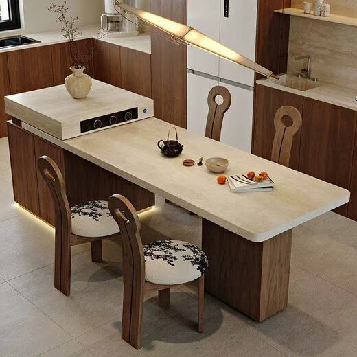 Multifunctional solid wood retractable integrated island dining table and chair combination in antique style walnut color imported travertine stone slab Island dining table + flat version (track socket) 1.6 meters Island dining table + 4 chairs