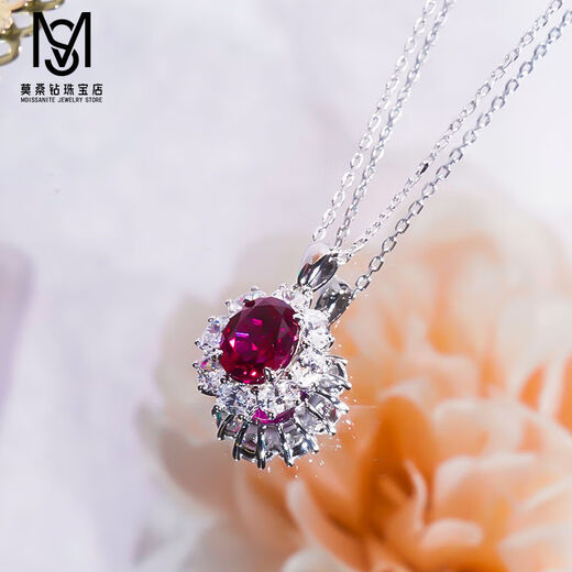 Natural pigeon blood oval ruby necklace for women PT950 platinum fashionable imitation diamond 2 carat pendant clavicle chain D-E/extreme white 2 carat LC/mirror flawless red diamond
