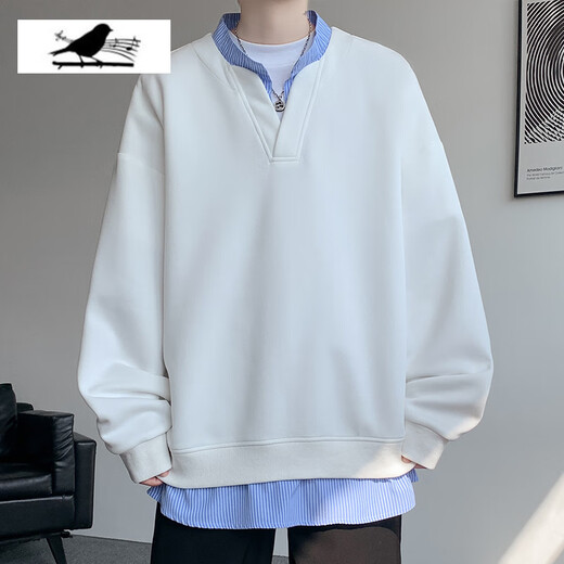 Quezhiyin autumn fake two-piece long-sleeved T-shirt for men 2025 new American fashion brand V-neck Henry collar bottoming shirt sweatshirt white L