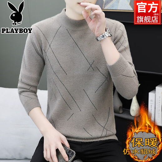 Playboy (PLAYBOY) 2025 Pullover Herren Herbst und Winter Nachahmung Nerz Samt Plus Samt Verdickter Halber Schildkrötenkragen Gestricktes Hemd mit Unterteil für Herren YHL-9208 Khaki XL
