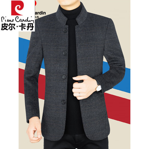 Pierre Cardin 2025 Spring and Autumn Wool Woolen Jacket for Men Middle-aged Dad Chinese Stand Collar Men's Woolen Jacket for Men Black Gray XL 180 (135-150Jin Jin is equal to 0.5kg)