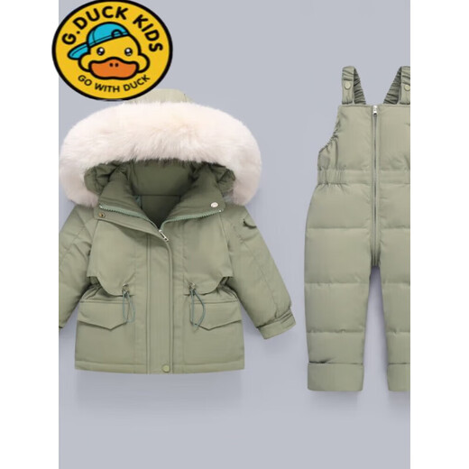 G.duck children's down jacket set, boys overalls, stylish 1-3 year old infants and young children winter clothing, baby girl two-piece set to keep warm, haze blue, brown raccoon fur 80 cm recommended height (75-b