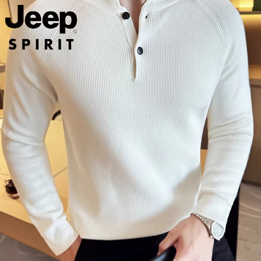 JEEP SPIRIT2025 new autumn henley collar men's yuppie sweater POLO bottoming shirt solid color thickened sweater trend white M