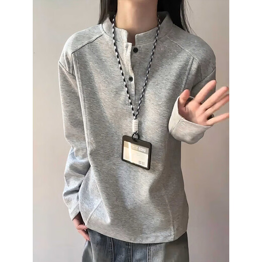 Ruyal cleanfit Henry collar sweatshirt men's autumn deconstructed splicing right shoulder bottoming shirt trendy handsome POLO shirt long sleeve white gray XL recommended 120-140Jin Jin equals 0.5 kg