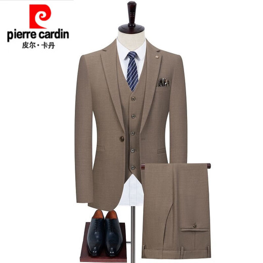 Pierre Cardin high-end pure wool suit men's autumn and winter middle-aged business formal slim fit suit dress suit khaki one button suit + trousers + vest 4XL 195 size