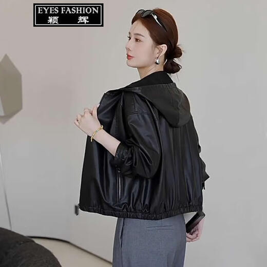 Yinghui Genuine Leather Jacket Women Haining Sheepskin Short Hooded Jacket Spring and Autumn New Vegetable Tanned Leather Casual Large Size Top Women Black XL