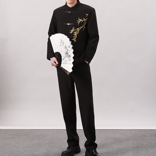 GOKU Men's New Chinese Style Engagement Dress Stand Collar Mao Suit Suit Chinese Style Embroidered Suit for Marriage Tang Suit Men Golden Bamboo Jacket + Pants 3XL Recommended Weight 150-180 Jin Jin equals 0.5 kg
