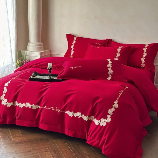 Mercury Series New Chinese Style 100 Count Wedding Four-piece Set Pure Cotton 2025 New Big Red Quilt Wedding Bedding 4-Day Jubilee-Gold 2.0 Meter Sheet Style Four-piece Set-Quilt Cover 220x240