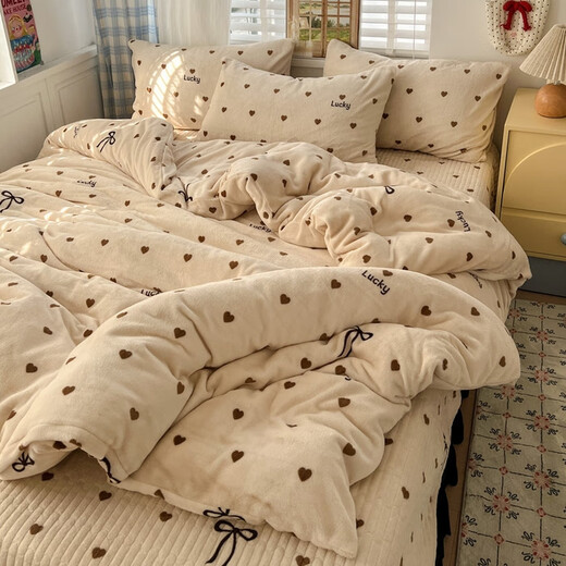 Nanjiren (Nanjiren) Jiangsu Nantong bed cover four-piece set milk velvet double-sided velvet baby duvet cover double 200x230cm velvet quilt cover love bow thick no velvet shedding thickened and warm bed cover style 1.5 four-piece set - quilt cover 200x230