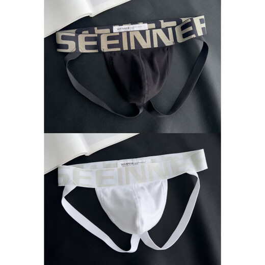 2 BUNNIES 2 pairs of pure cotton thong men's double underwear pure white boys U convex bag sexy back empty triangle shorts head 612 (black + white) M _90-110Jin Jin equals 0.5 kg