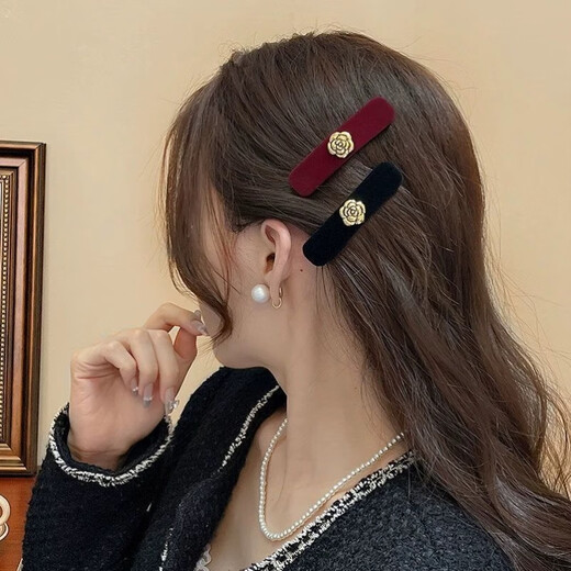 Retro camellia velvet hair clip for women with side broken hair bangs clip headband hair clip camellia velvet 1 black + 1 red