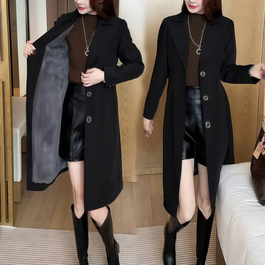 Fabric Story Luofen flagship store women's autumn and winter 2025 new fashion simple plus velvet slim long-sleeved jacket black jacket L