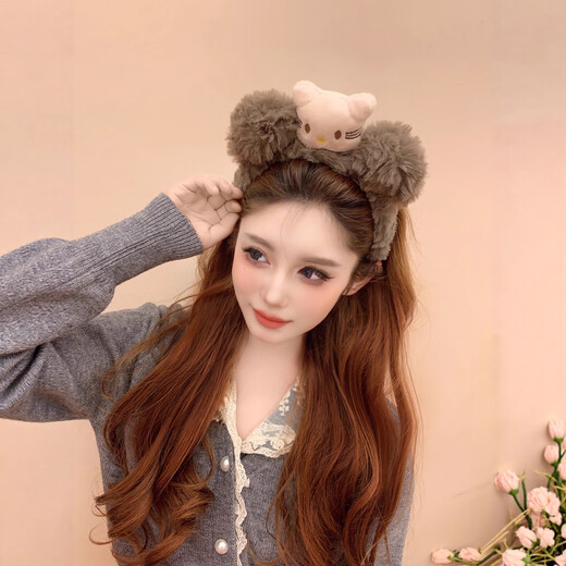 Cute plush kitten headband for women 2025 new autumn and winter high skull hairpin sweet cartoon puppy headband hair accessory gray brown KT cat plush headband