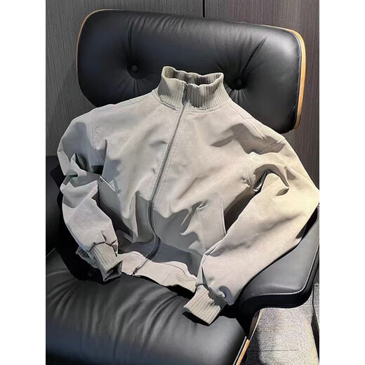 Main style (ZHUYIFAN) light gray American pu leather jacket men's short wide profile tie-dye baseball jacket ma1 pilot motorcycle jacket black