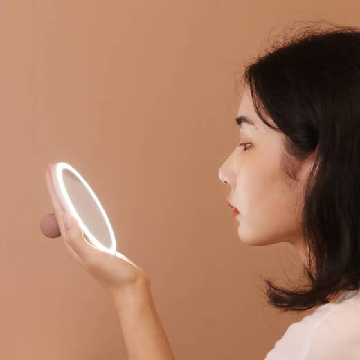 He Jiangong MUID handheld makeup mirror portable charging portable led makeup mirror with light for girls, apricot white, stepless dimming + light lock key + mirror silicone cover