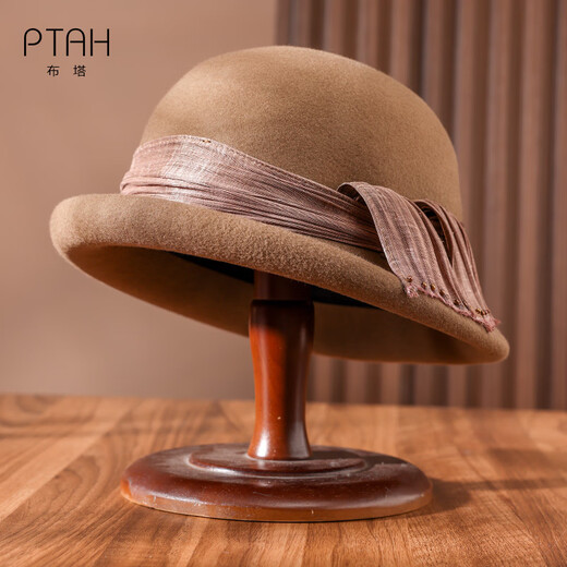 Buta Hat Women's Autumn and Winter Handmade Flower Top Hat Bere Warm Wool Felt Top Hat Versatile Fashion Retro Camel