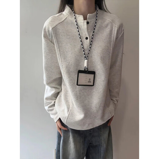 Luyard POLO shirt Henry collar sweatshirt men's autumn deconstructed splicing long-sleeved high street cleanfit right shoulder handsome bottoming shirt white gray XL