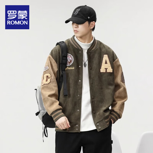 ROMON American high-end military green patchwork baseball uniform jacket for men spring and autumn design color matching loose top jacket for men green 2XL 160-180Jin Jin is equal to 0.5 kg
