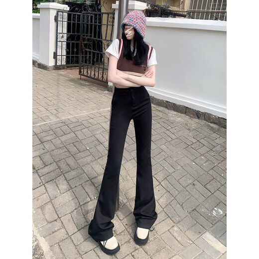 BIENKIMIIYE Black High Waist Flare Pants Women's 2025 Autumn and Winter Straight Casual Slim Elastic Drape Slim Long Suit Pants Black Trousers XS