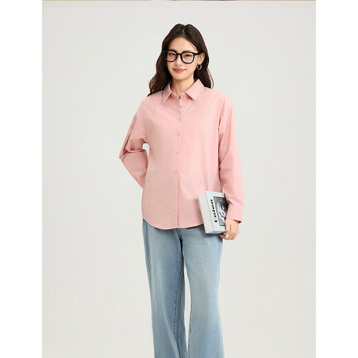 Inman Simple Commuting Casual Spring Women's Loose Classic Retro Long Sleeve White Shirt Top Leather Pink M