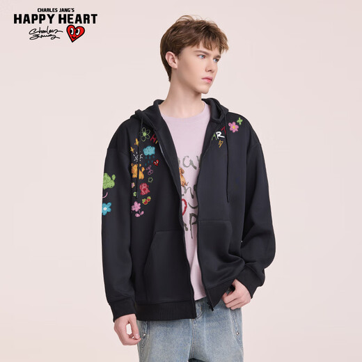 Charles Heart American Painted Graffiti Printed Cardigan Sweater Autumn Trendy Brand New Hooded Couple Jacket Black M