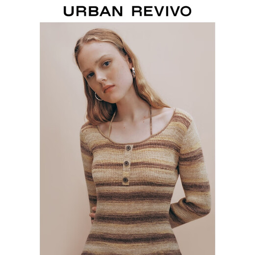 UR[HOT]2025 autumn new women's casual striped waist-hugging knitted dress UYL950131 khaki stripes (fabric slightly tied) M