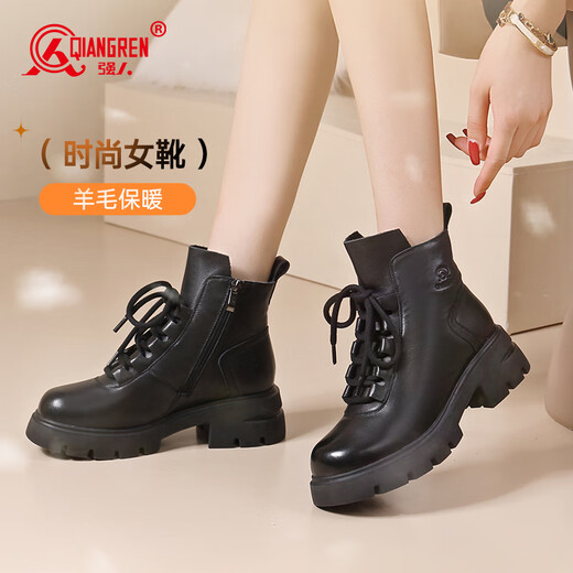 Strongman winter women's boots wool warm outdoor cotton boots toe layer cowhide fashion Martin boots JDS307C black 37