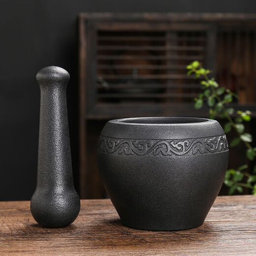 He Jiagong natural black gold stone, old-fashioned stone mortar, garlic pounder, stone cup, garlic mortar, chili pepper bowl, grinder, stone scoop, black gold stone outer diameter 13, plain style, water drop shape design