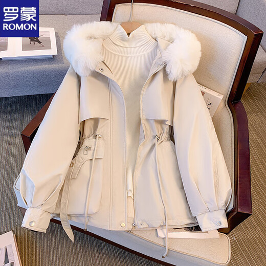 ROMON Parka Women's Winter Plush Cotton Jacket 2025 New Waist Slimming Thick Cotton Jacket Jacket Beige L