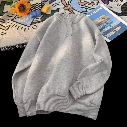 Floral gray retro Henry collar sweater for men in winter, high-end American style lazy style cleanfit inner sweater, dark gray L