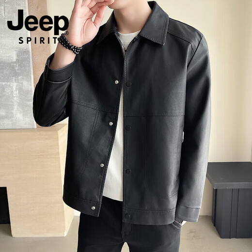 JEEP SPIRIT Jeep Jacket Outdoor Windproof Leather Jacket Jacket Comfortable and Warm Trendy Business Casual Spring and Autumn Mid-aged Black L