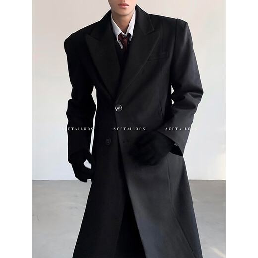 Du Xiaoxian British style black shoulder padded godfather coat men's autumn mid-length high-end cleanfit shoulder windbreaker jacket black regular XL recommended 120-140Jin Jin equals 0.5 kg