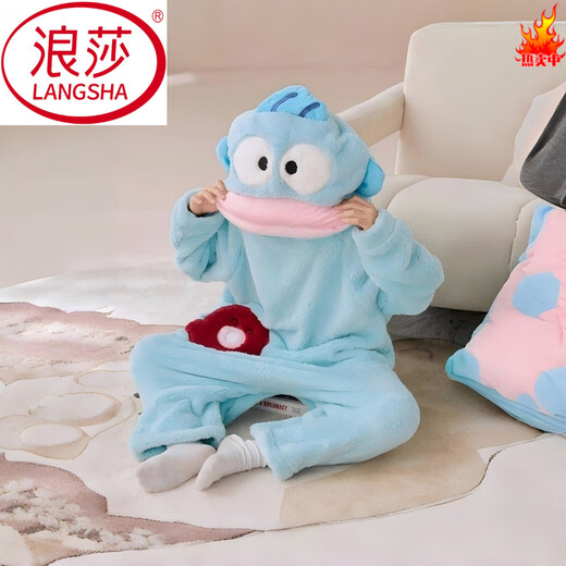 LangSha Ugly Fish children's flannel cute one-piece pajamas autumn and winter thickened warm coral velvet parent-child home clothes plus velvet 622 Ugly Fish one-piece + shoes M 16 size recommended weight 55-68 Jin Jin equals 0.5 kg