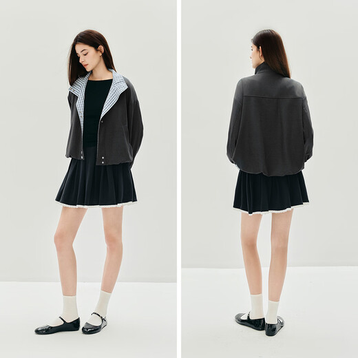 Semirjacke für Frauen Herbst Knospen Spleißen Plaid losen Standkragen 2025 Literarische Pendlerjacke 10A525108004