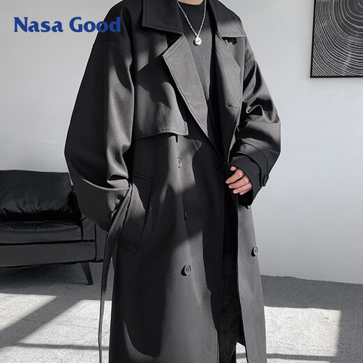 NASA GOOD mid-length windbreaker for men in autumn and winter, cold and warm, loose casual double-breasted belt jacket, black XL