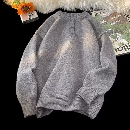 Floral gray retro Henry collar sweater for men in winter, high-end American style lazy style cleanfit inner sweater, dark gray L